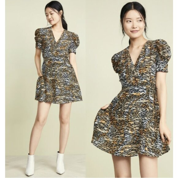 SALONI Dresses & Skirts - SALONI Lea 100% Silk Crepe Mini Wrap Dress in Ink Tiger Print - Size US 4
